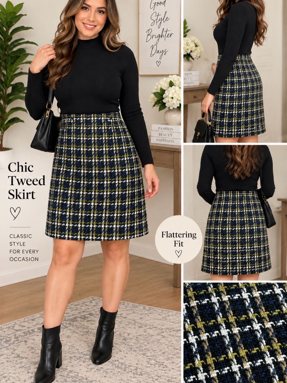 Ann Taylor Navy, Black & White Tweed A-Line Skirt with Olive Accents